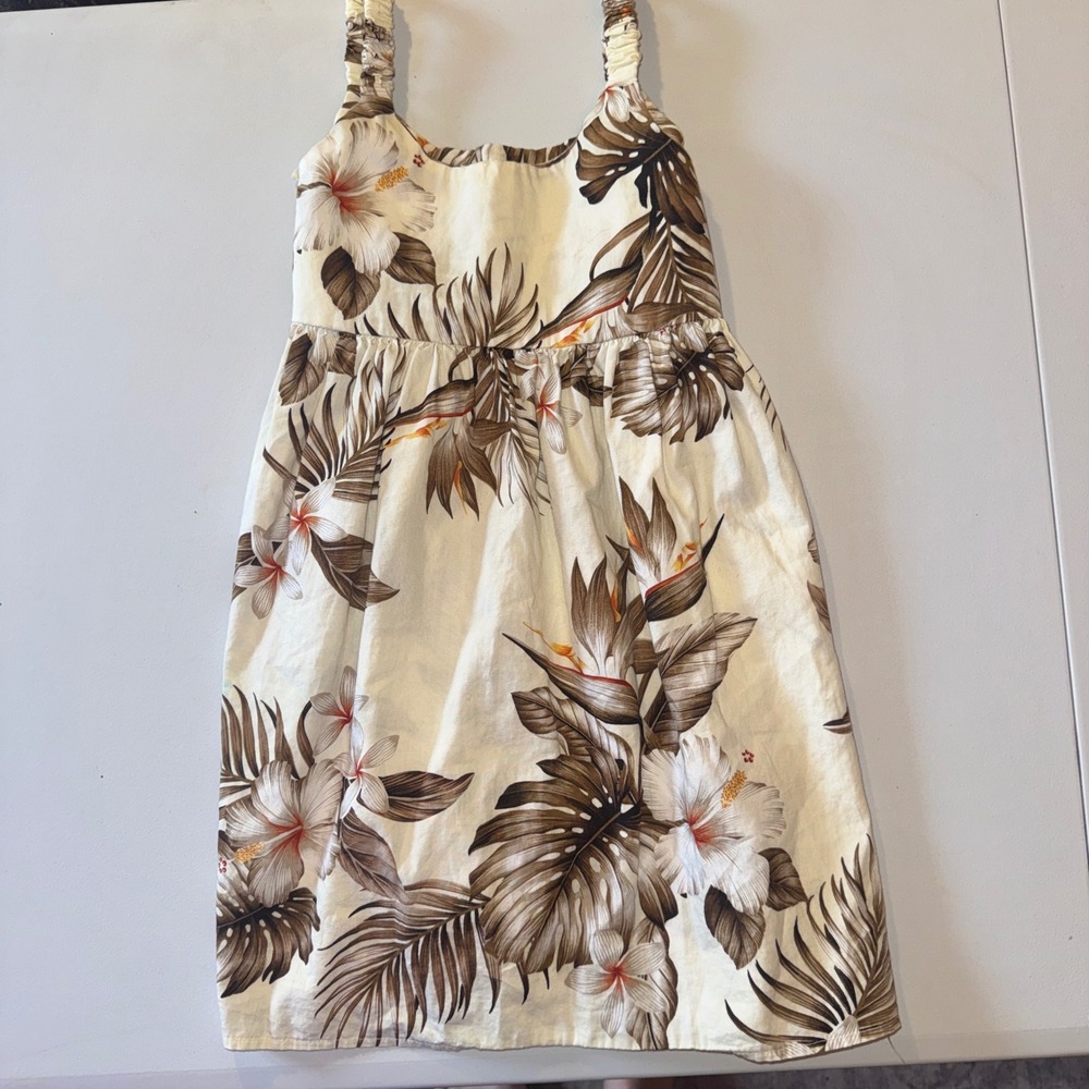 Hawaii Station Tropical Floral Sundress Girls 5-6‎ Cream Brown Cotton Made in HI